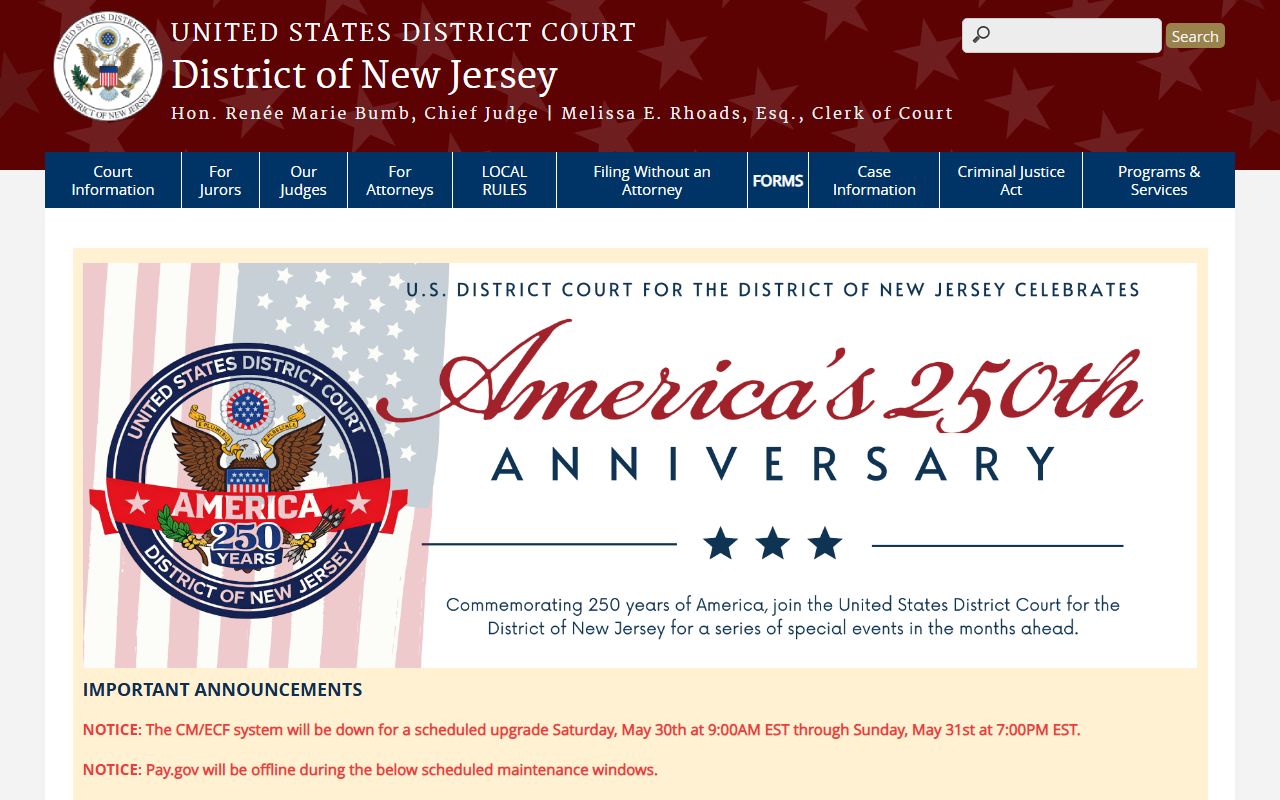 U.S. District Court for the District of New Jersey website for Somerset County federal court dockets