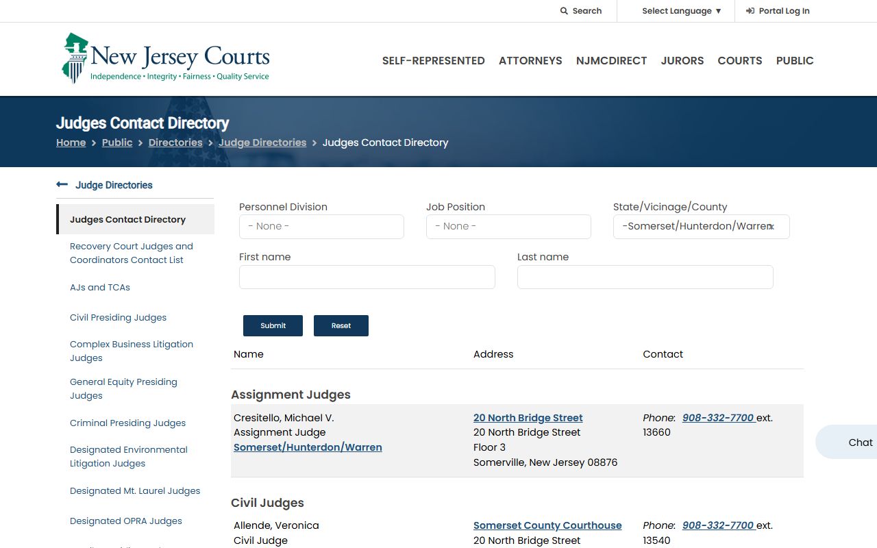 NJ Courts judge directory for Somerset County Court records in Vicinage 13
