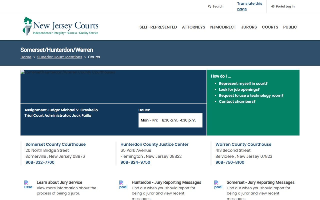 NJ Courts Somerset County Court records vicinage courthouse page