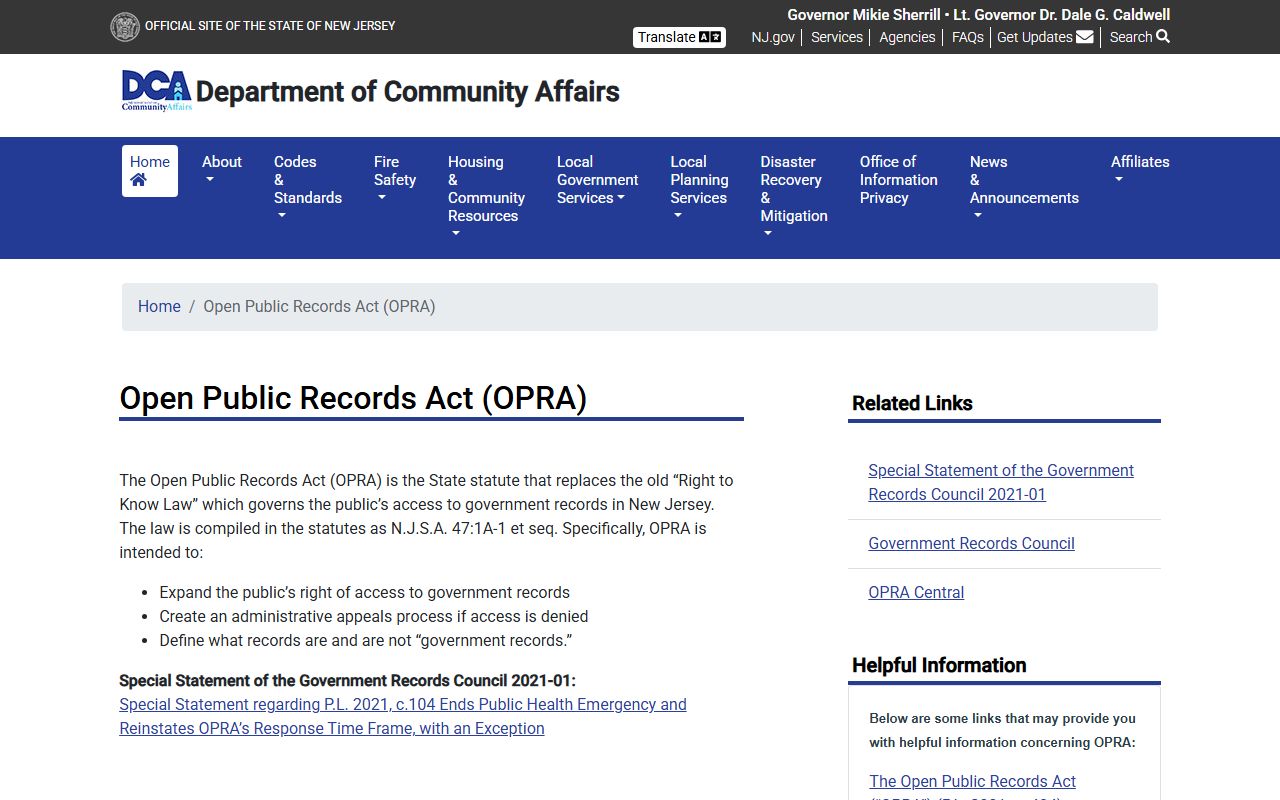 Somerset County public records NJ Department of Community Affairs OPRA overview